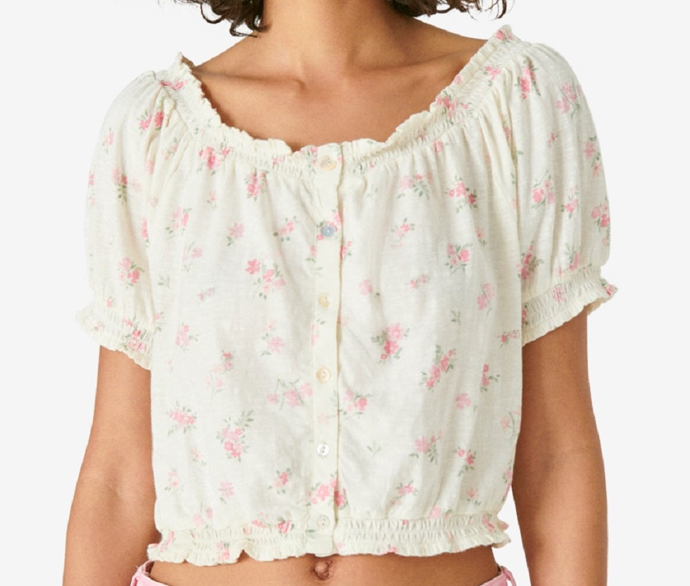 Lucky Brand Women's Short Sleeve Bubble Hem Crop Top White Size Medium