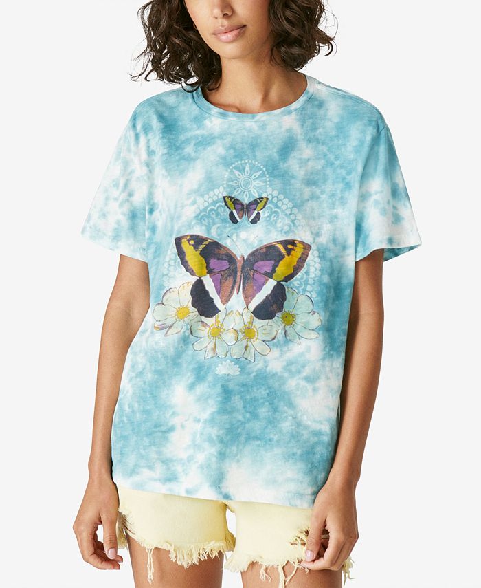 Lucky Brand Women's Butterfly Geo Graphic Boyfriend Tee Blue