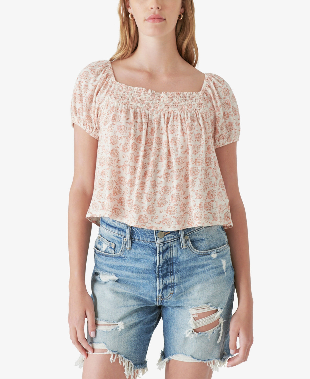 Lucky Brand Women's Square Neck Floral Print Cotton Blend Top