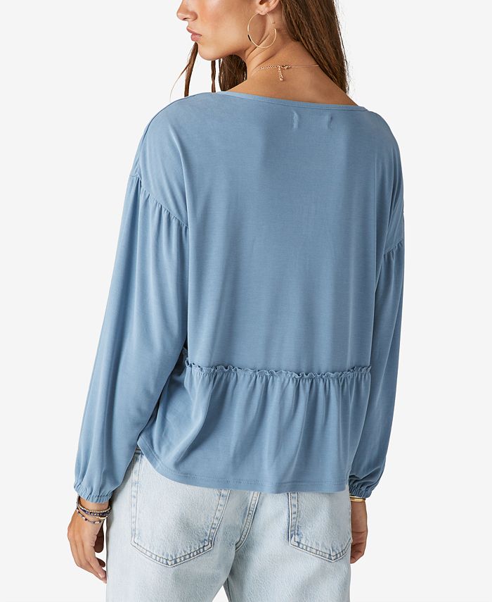 Lucky Brand Women's Sandwash Split Neck Long Sleeve Knit Top Blue Size Medium