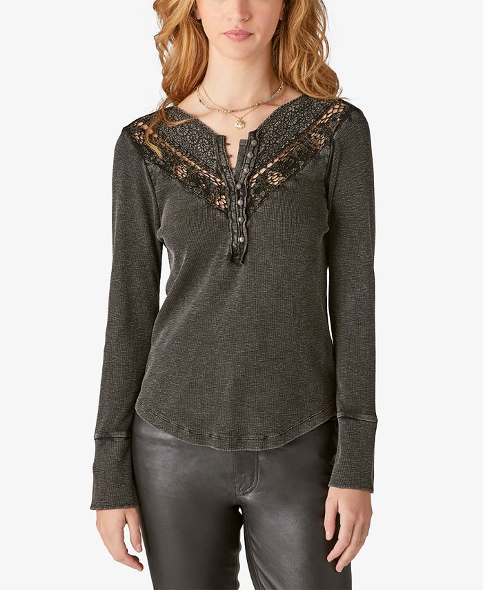 Lucky Brand Women's Lace Trim Rib Henley Gray Size X-Large