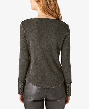 Lucky Brand Women's Lace Trim Rib Henley Gray Size X-Large