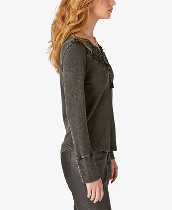 Lucky Brand Women's Lace Trim Rib Henley Gray Size X-Large