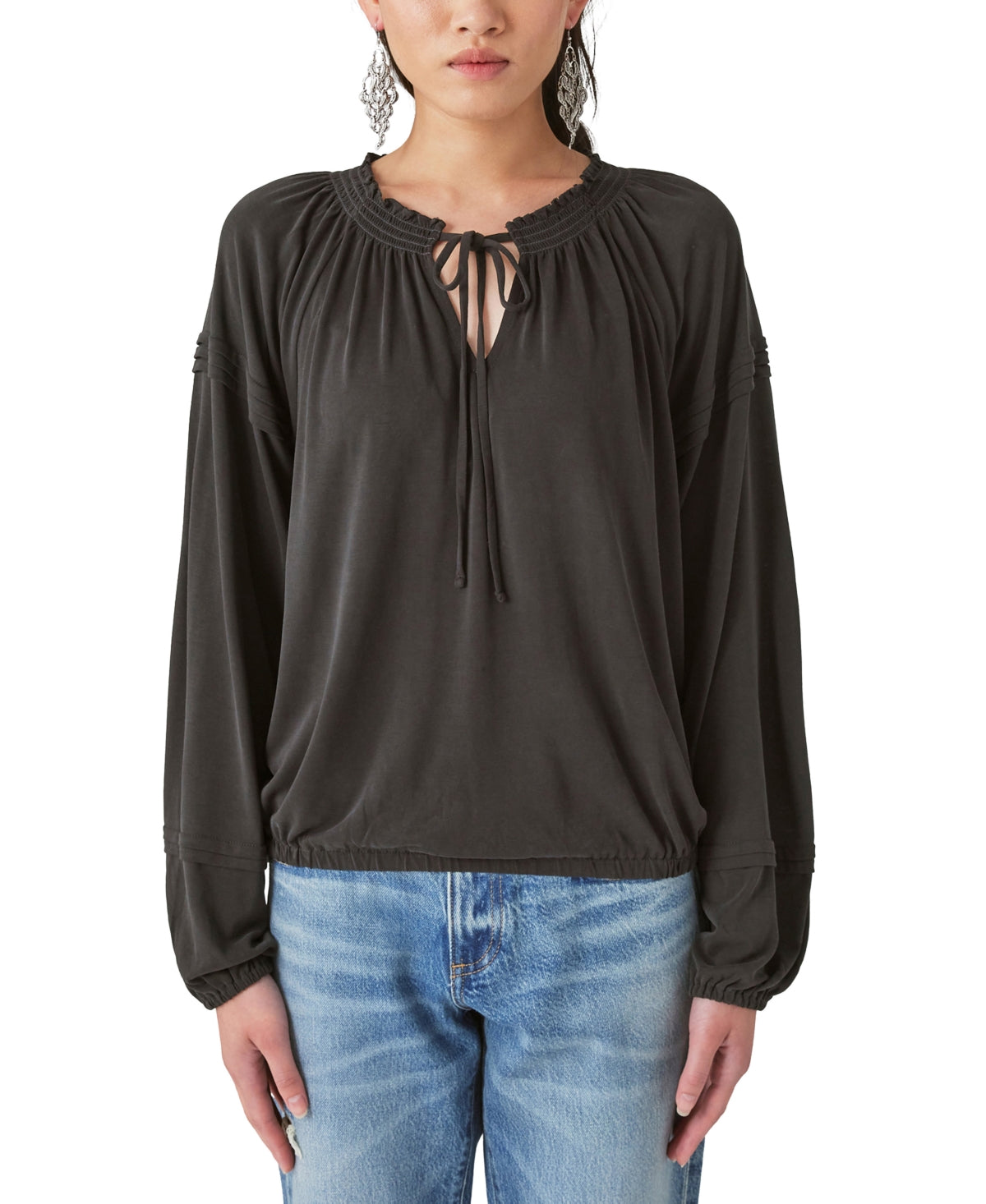 Lucky Brand Sandwashed Blouson Top in Jet Black Size Large