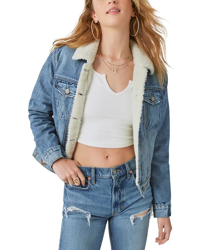 Lucky Brand Women's Embellished Faux Fur Lined Denim Jacket Blue Size Large