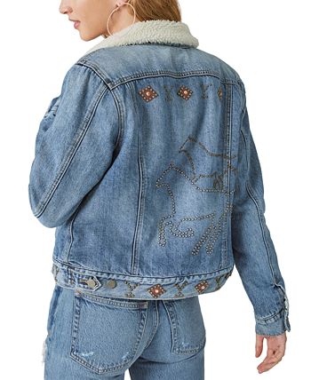 Lucky Brand Women's Embellished Faux Fur Lined Denim Jacket Blue Size Large