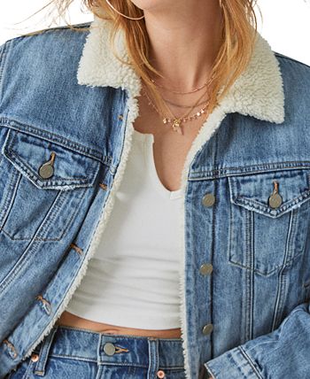 Lucky Brand Women's Embellished Faux Fur Lined Denim Jacket Blue Size Large