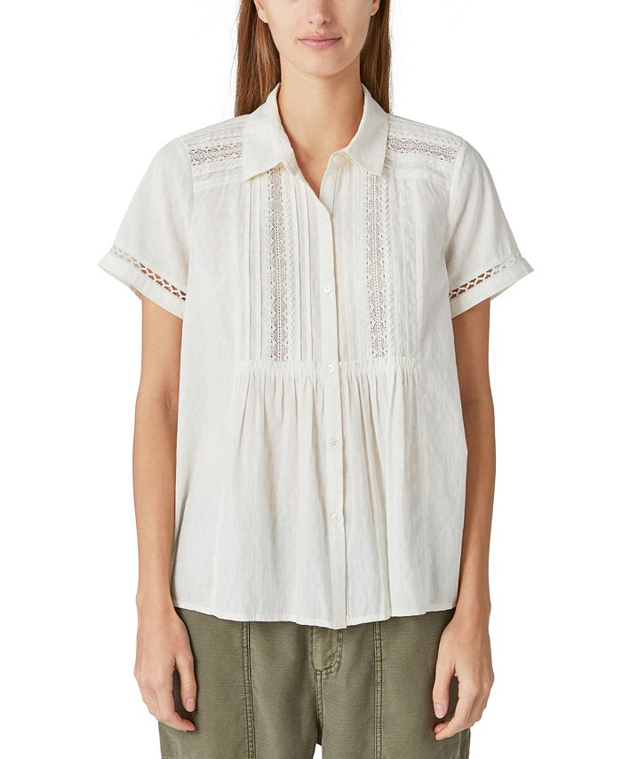 Lucky Brand Women's Lace Inset Cotton Button Up Shirt White Size Medium