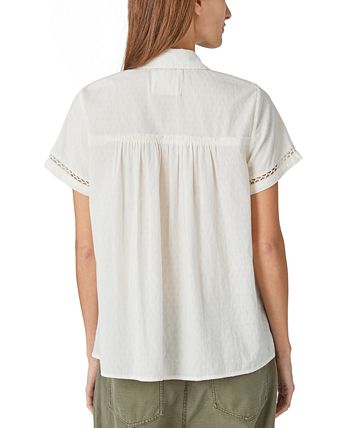 Lucky Brand Women's Lace Inset Cotton Button Up Shirt White Size Medium