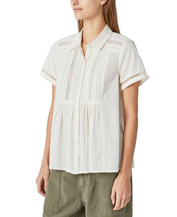 Lucky Brand Women's Lace Inset Cotton Button Up Shirt White Size Medium