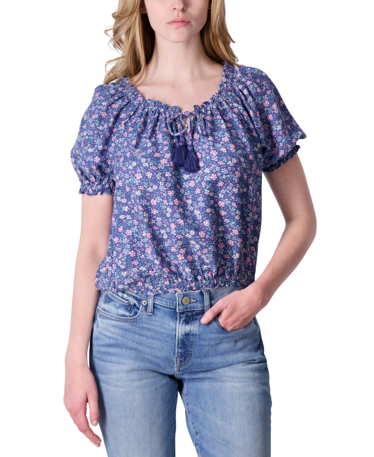 Lucky Brand Women's Printed Short Sleeve Peasant Top Blue Size Medium