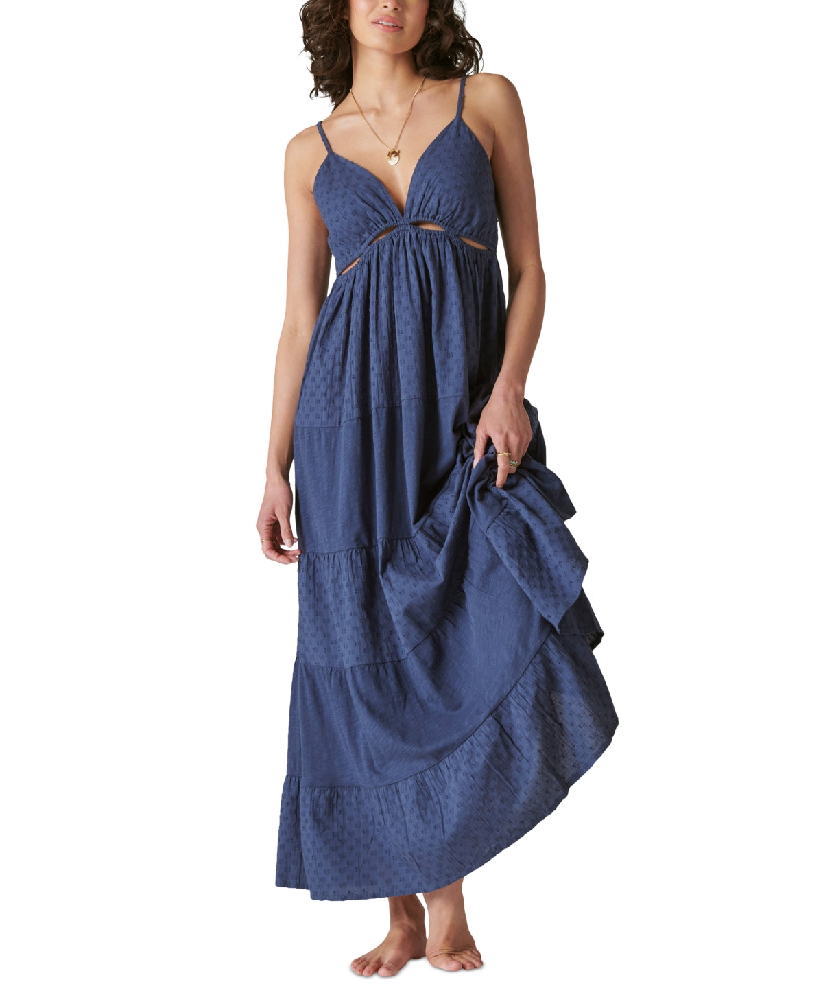 Lucky Brand Women's Cutout Sleeveless Tiered Maxi Dress Blue Size X-Large