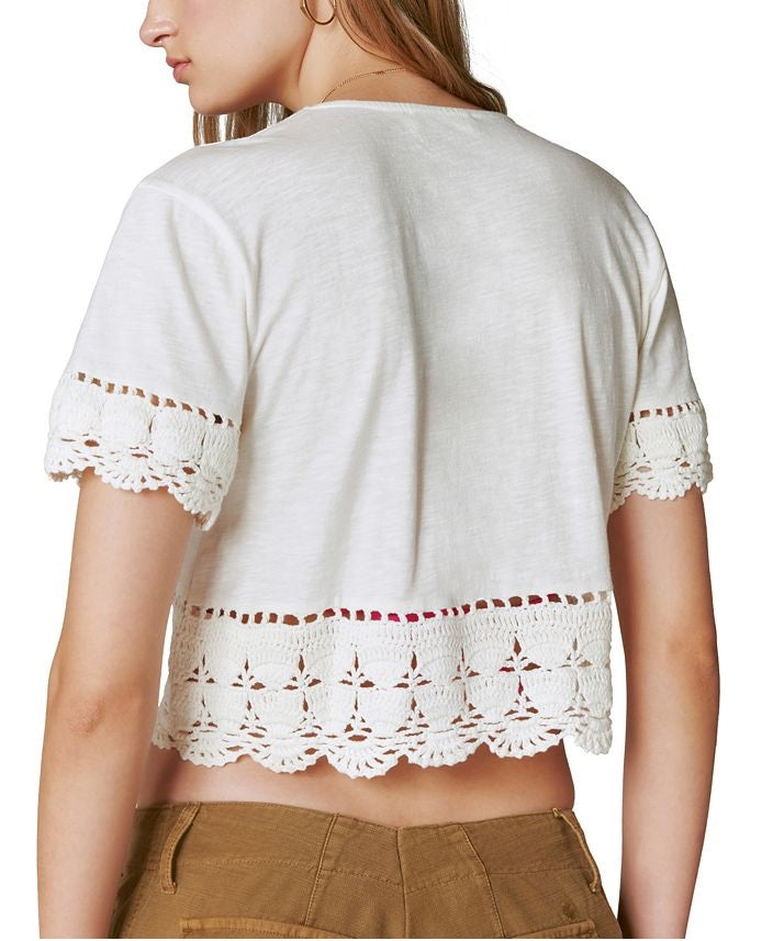 Lucky Brand Women's V Neck Crocheted Crop Top White