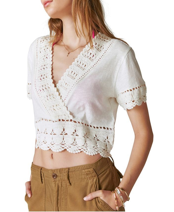 Lucky Brand Women's V Neck Crocheted Crop Top White
