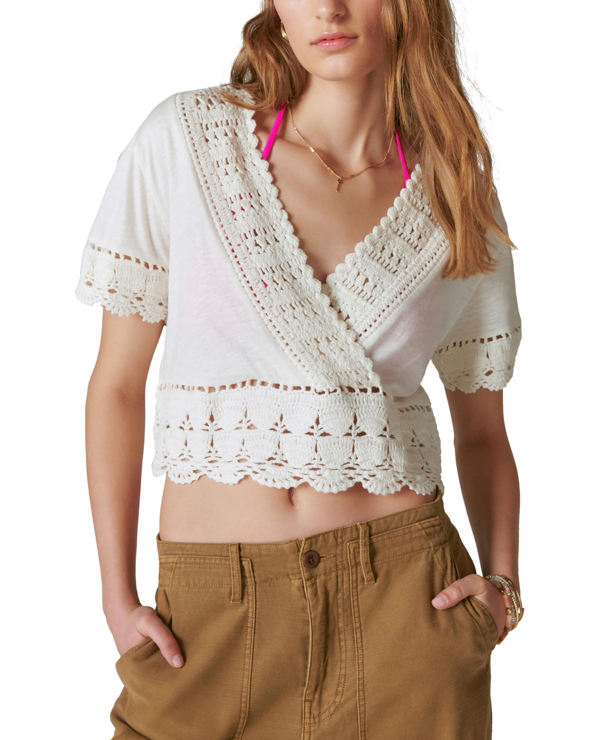 Lucky Brand Women's V Neck Crocheted Crop Top White