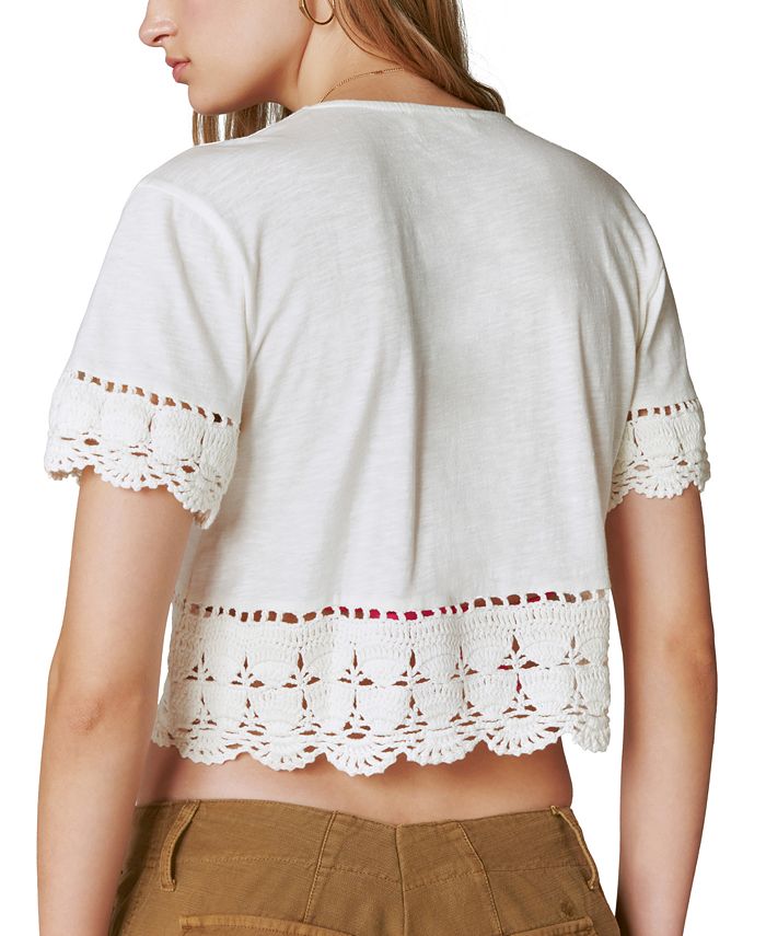 Lucky Brand Women's V Neck Crocheted Crop Top White