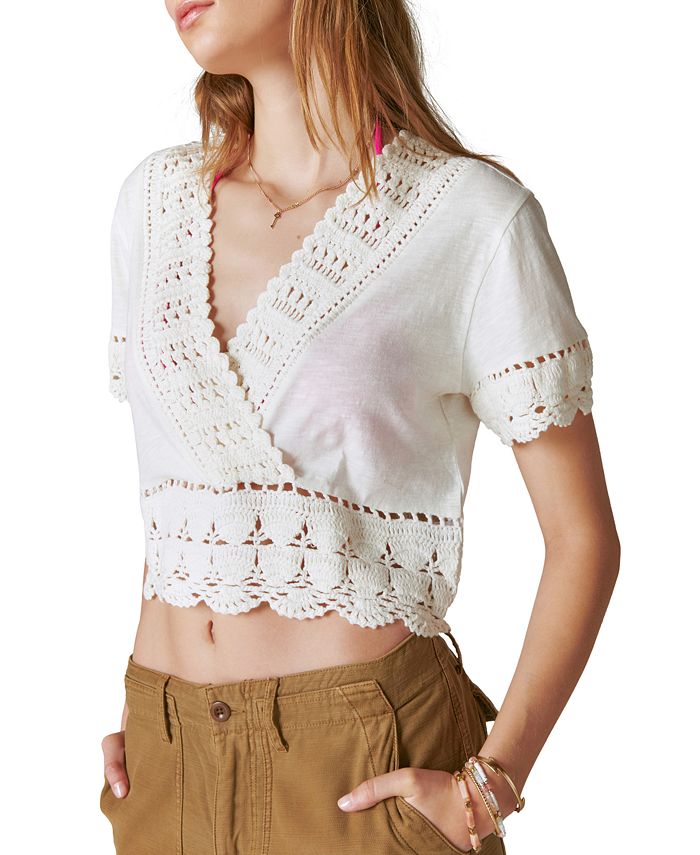 Lucky Brand Women's V Neck Crocheted Crop Top White