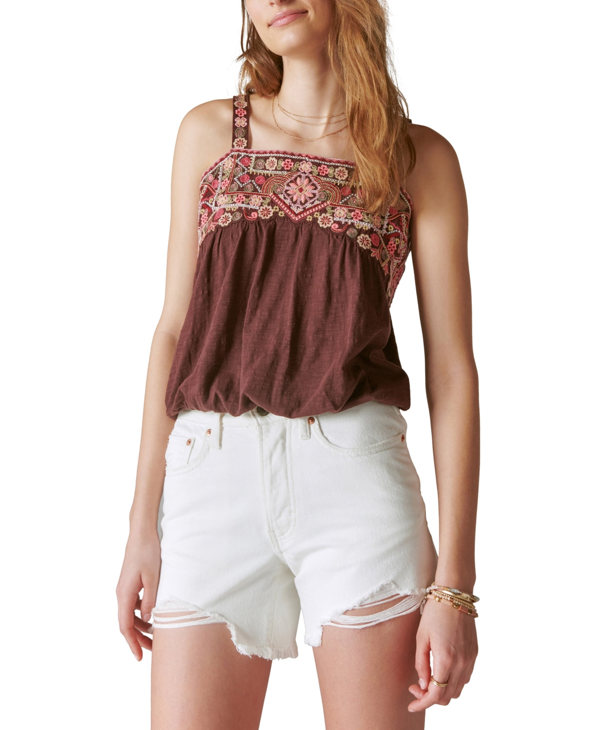 Lucky Brand Women's Floral Embroidered Bubble Tank Top Brown Size Medium