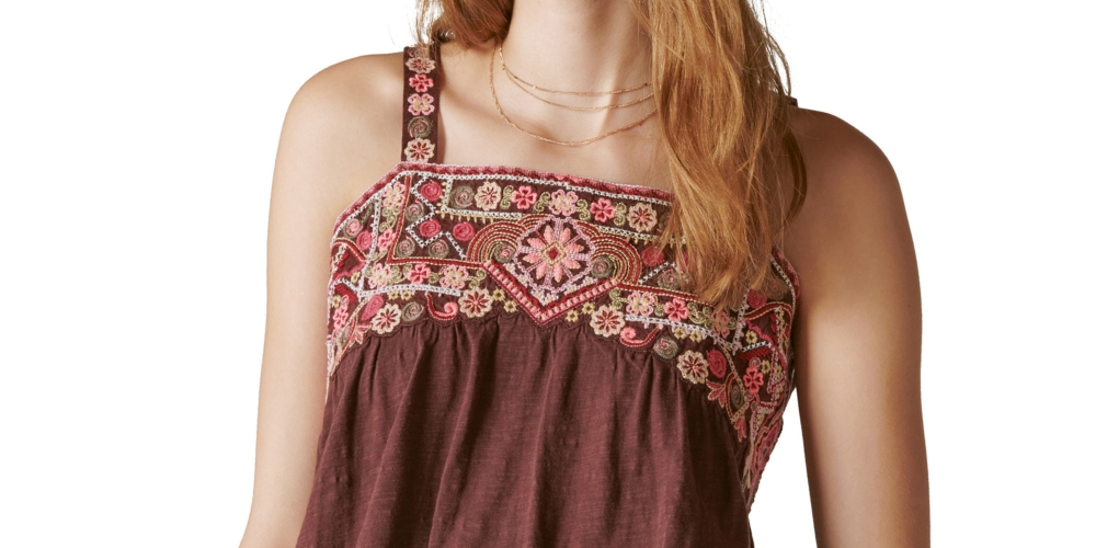 Lucky Brand Women's Floral Embroidered Bubble Tank Top Brown Size Medium