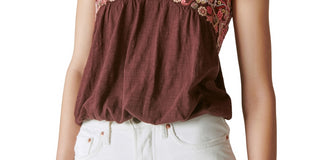 Lucky Brand Women's Floral Embroidered Bubble Tank Top Brown Size Medium