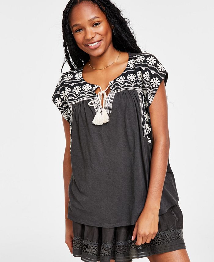 Lucky Brand Women's Embroidered Peasant Tee Black