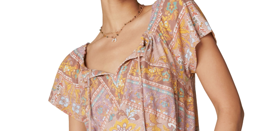 Lucky Brand Women's Cotton Printed Peasant Bubble Top Beige Size Medium