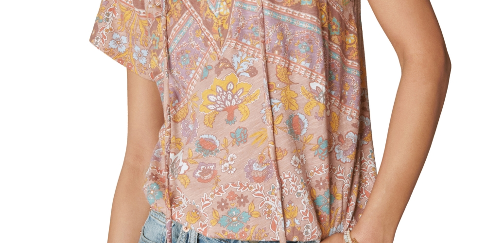 Lucky Brand Women's Cotton Printed Peasant Bubble Top Beige Size Medium