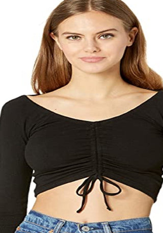 Madden Girl Women's Cinched Front Cropped Long Sleeve Top Black Size Medium