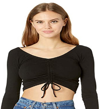 Madden Girl Women's Cinched Front Cropped Long Sleeve Top Black Size X-Large