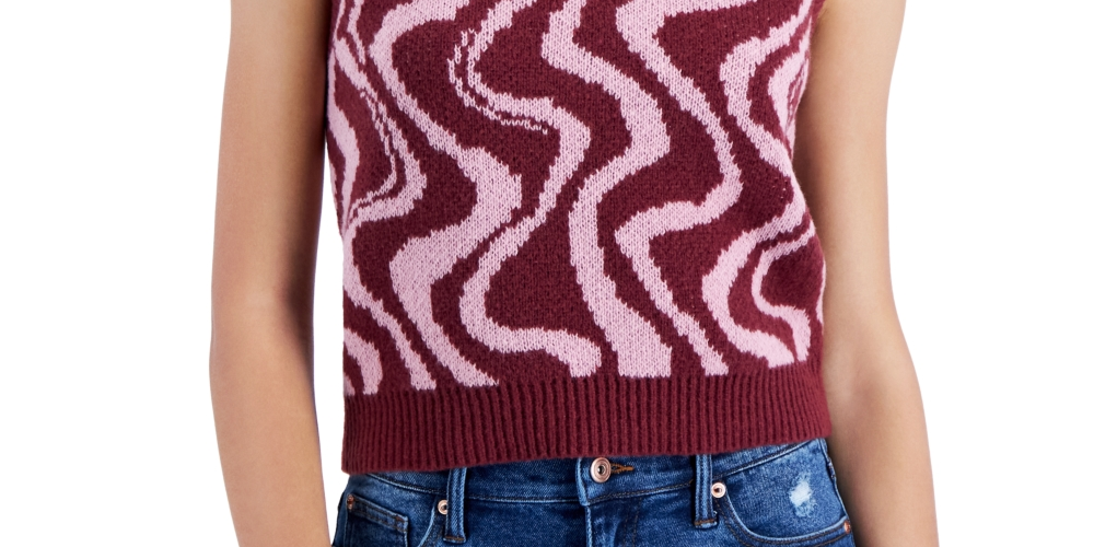 Crave Fame Junior's Retro Printed V neck Sweater Vest Red Size Large