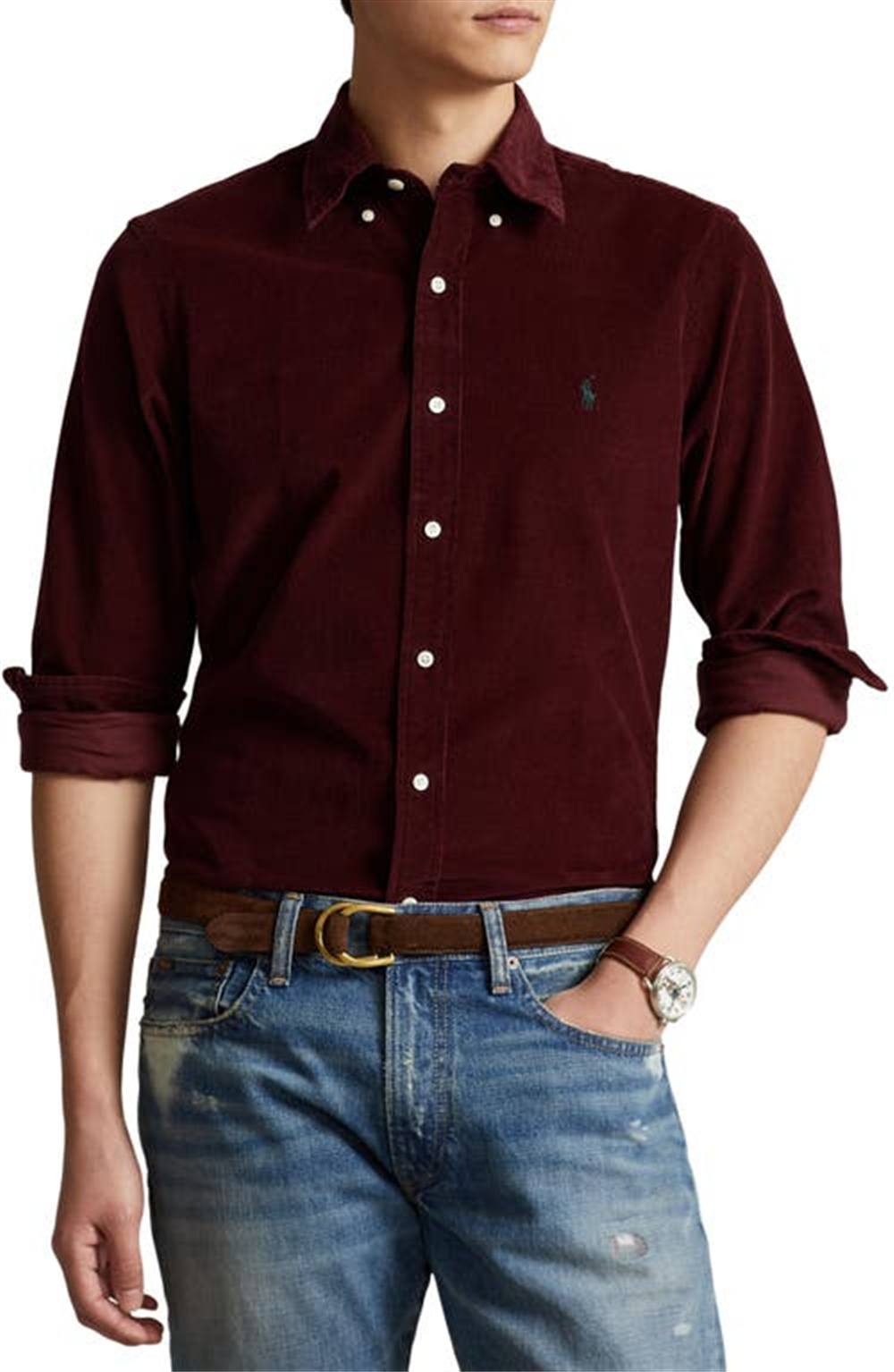 Ralph Lauren Men's Classic Fit Corduroy Button Down Shirt Red Size Medium