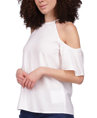 Michael Kors Women's Seersucker Cold Shoulder Top White Size Small