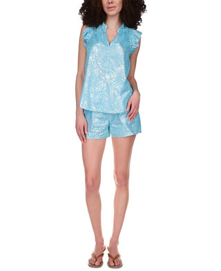 Michael Kors Women's Cotton Foil Print Ruffled Top Blue Size XX-Small