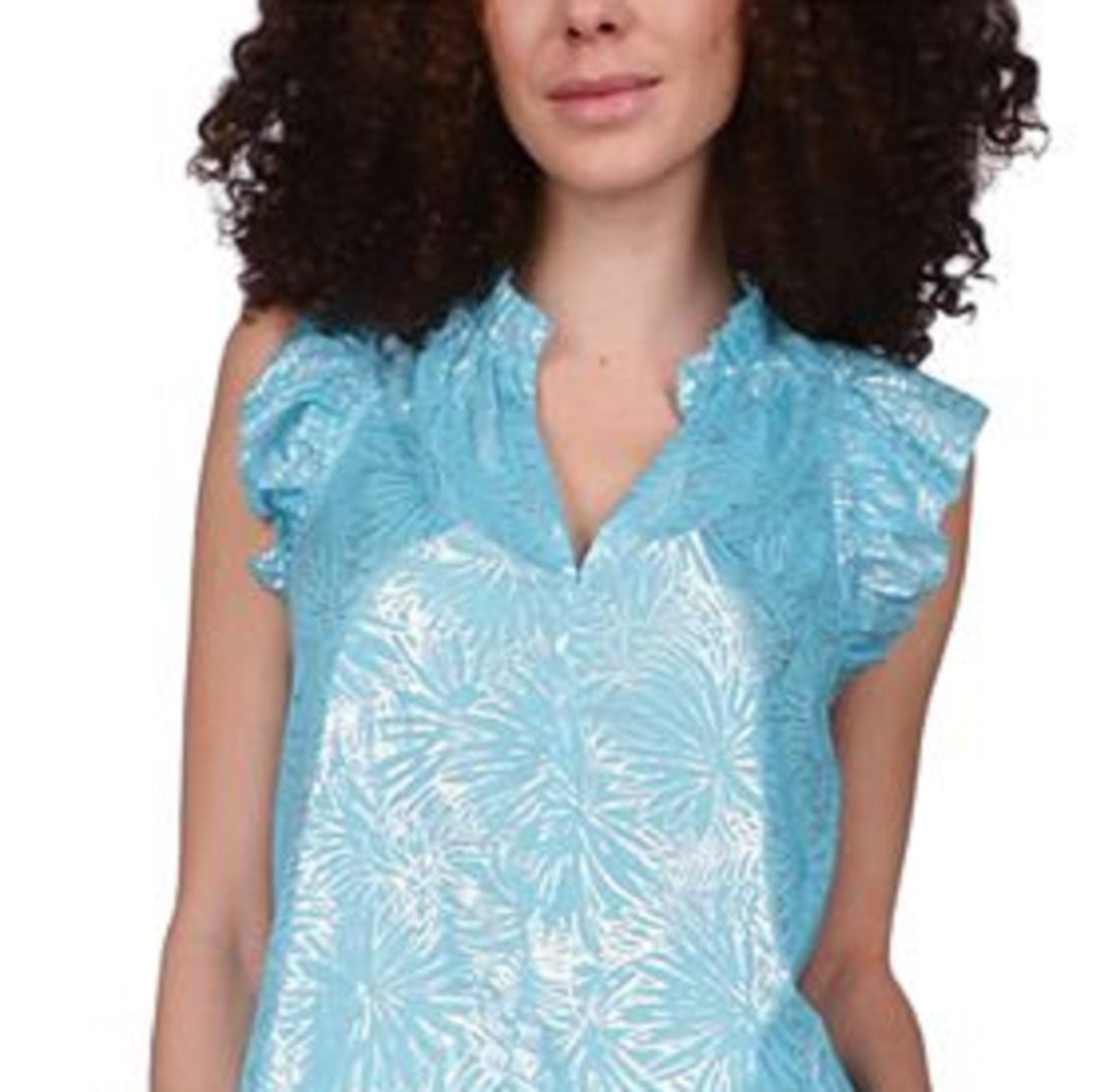 Michael Kors Women's Cotton Foil Print Ruffled Top Blue Size XX-Small