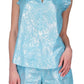 Michael Kors Women's Cotton Foil Print Ruffled Top Blue Size Large