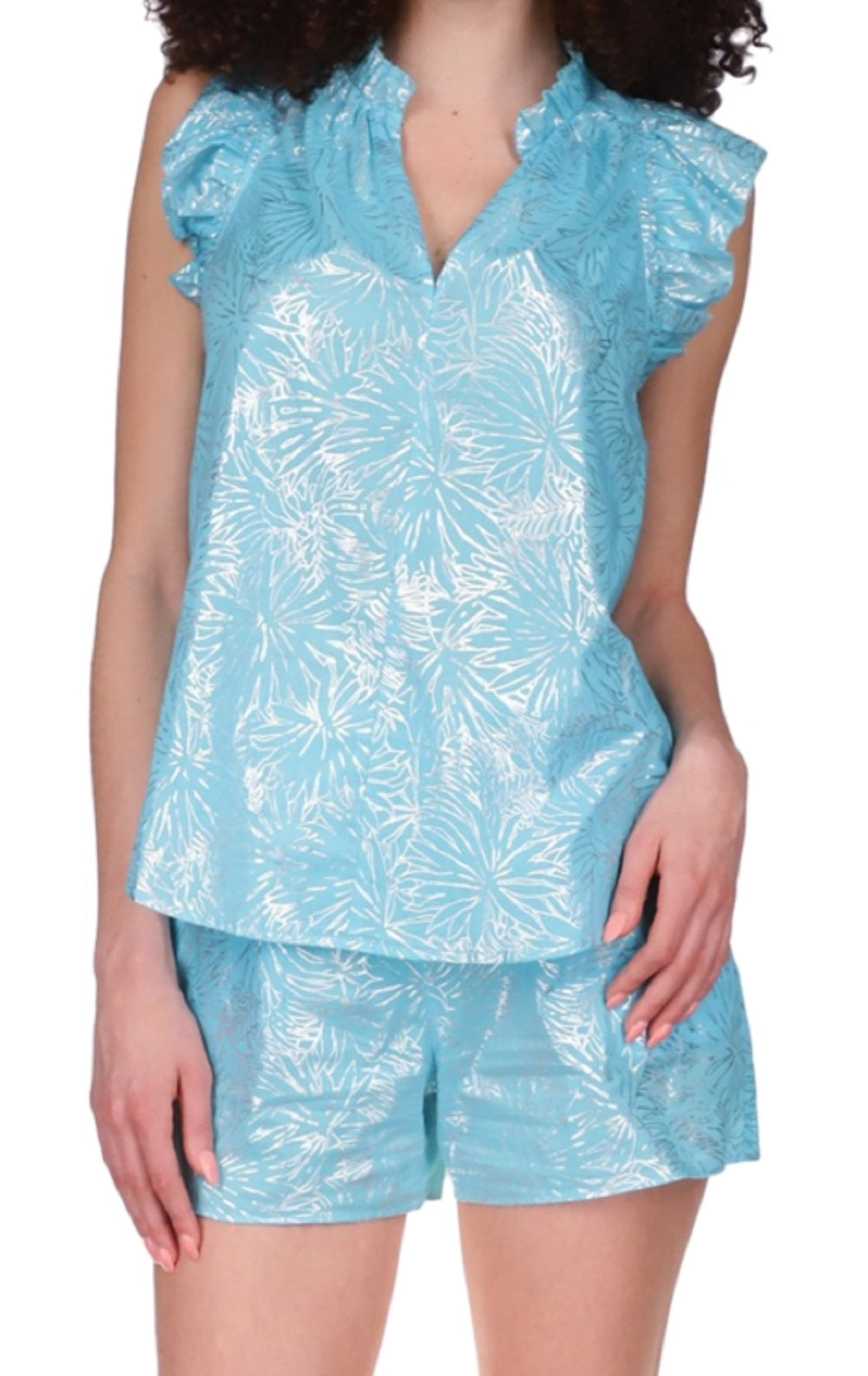 Michael Kors Women's Cotton Foil Print Ruffled Top Blue Size Large