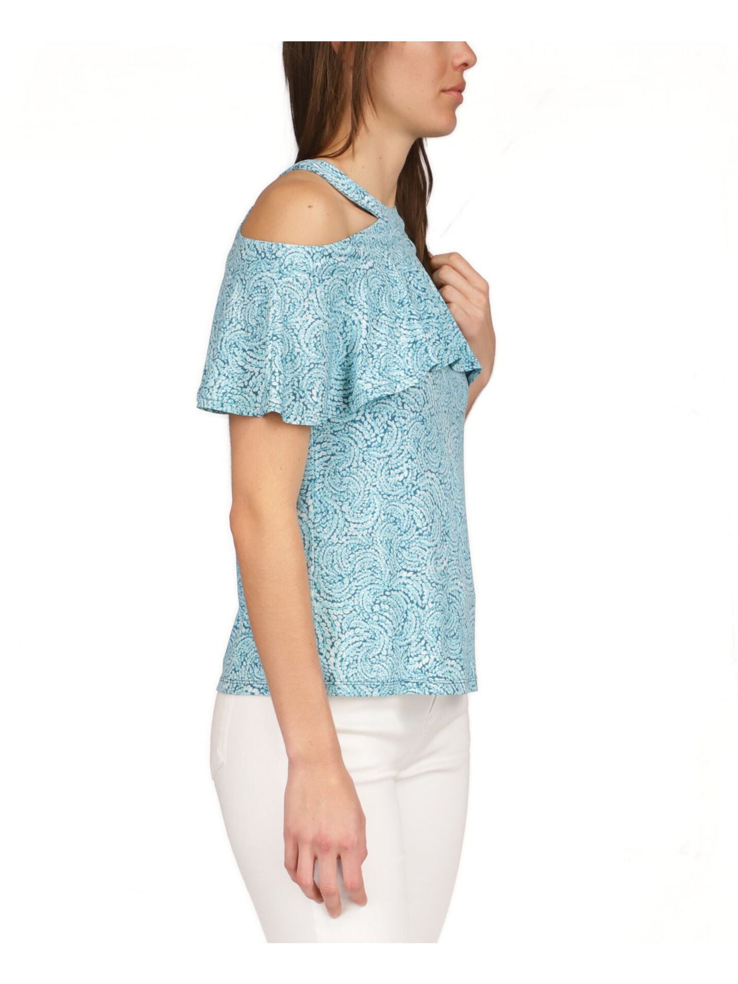 Michael Kors Women's Aqua Zippered Cold Shoulder Ruffled Unlined Short Sleeve Halter Top Blue Size X-Small