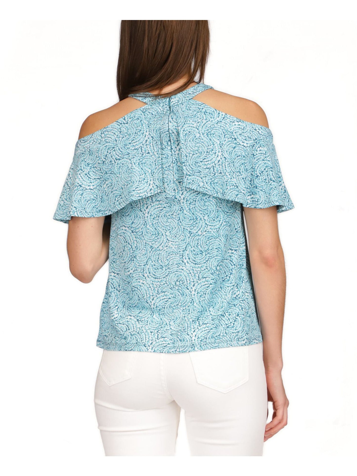 Michael Kors Women's Zippered Cold Shoulder Ruffled Unlined Short Sleeve Halter Top Blue Size Small