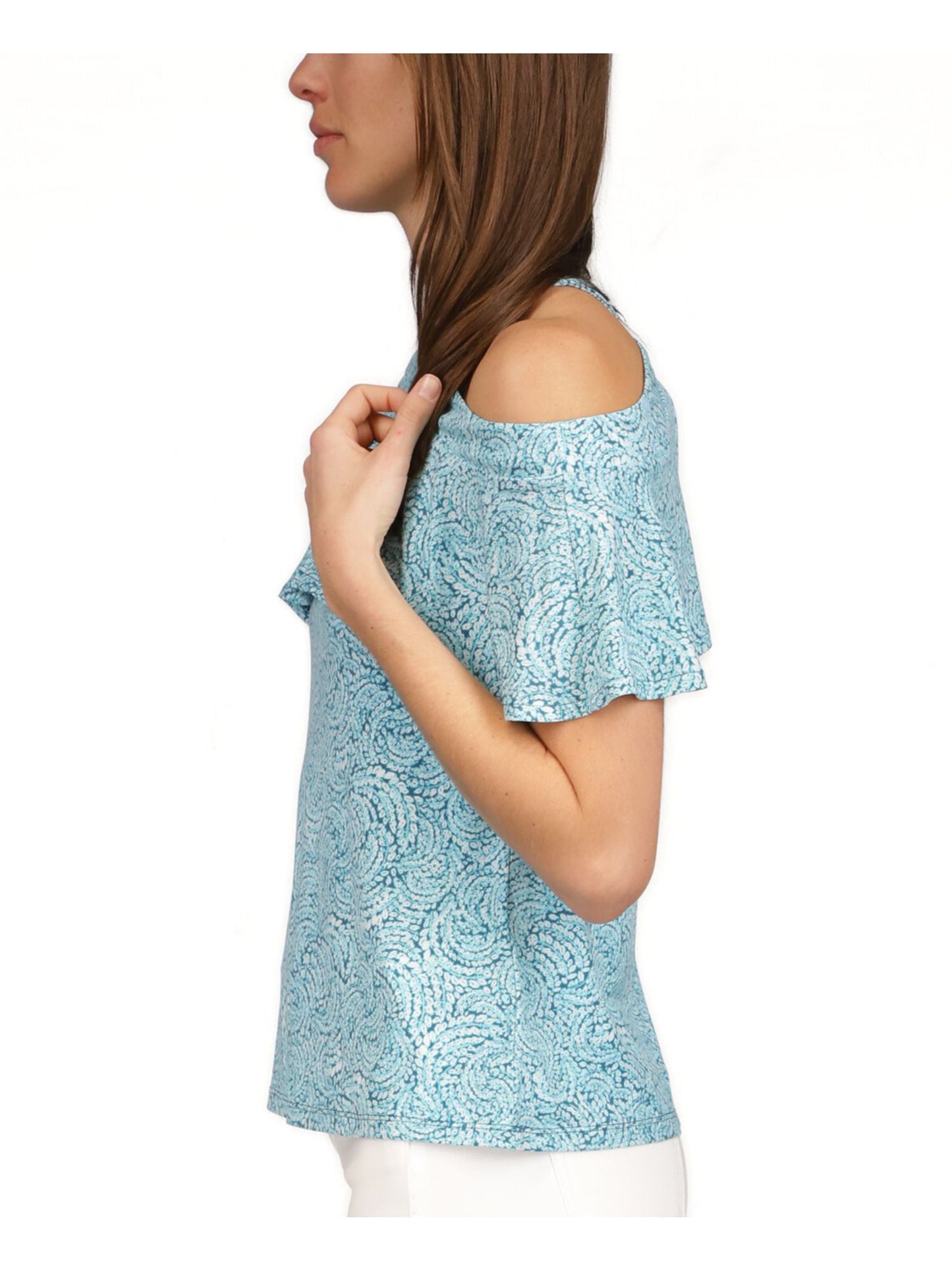 Michael Kors Women's Zippered Cold Shoulder Ruffled Unlined Short Sleeve Halter Top Blue Size Small