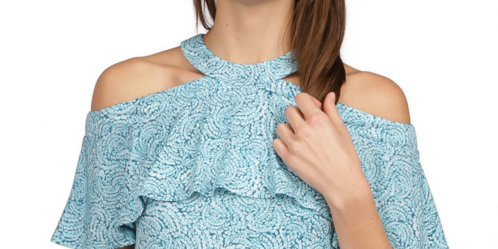 Michael Kors Women's Zippered Cold Shoulder Ruffled Unlined Short Sleeve Halter Top Blue Size Small