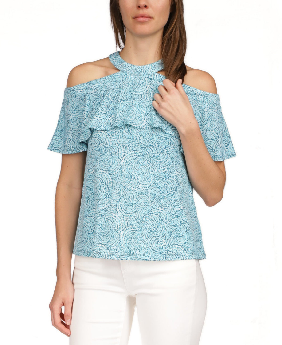 Michael Kors Women's Printed Flounce Cold Shoulder Top Blue Size Large