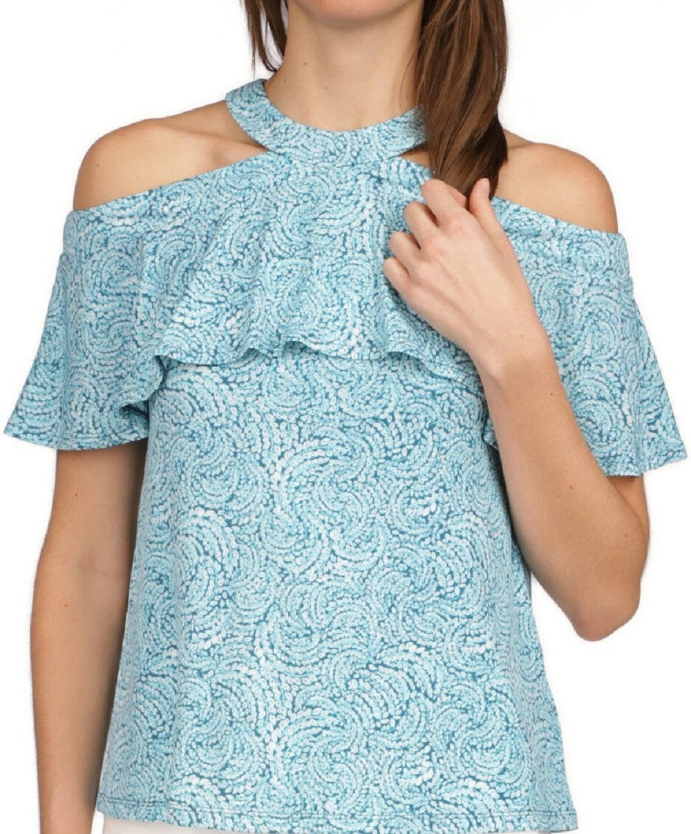 Michael Kors Women's Shibori Printed Flounce Cold Shoulder Top Blue Size X-Large