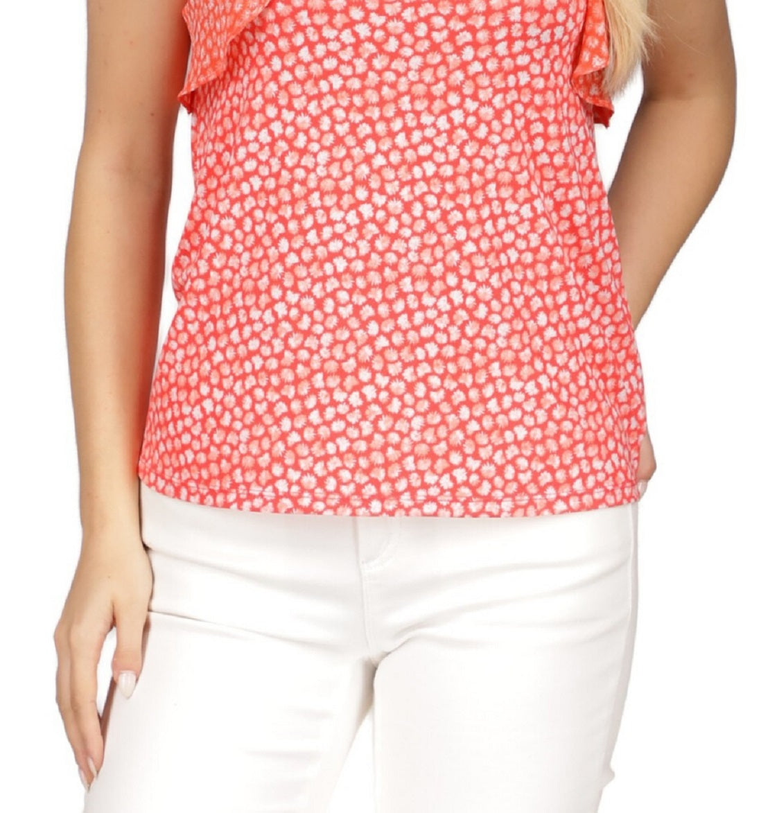 Michael Kors Women's Printed Ruffled Sleeveless Top Red Size X-Large