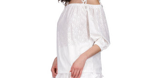 Michael Kors Women's Tie Eyelet Unlined Sheer Elastic Cuffs 3/4 Sleeve Off Shoulder Top White Size Medium