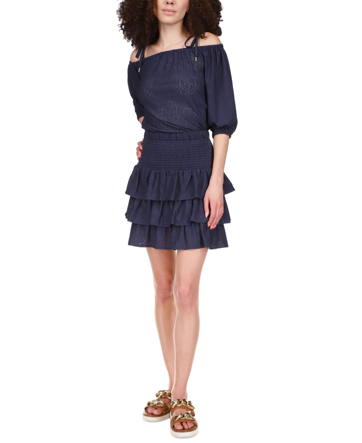 Michael Kors Women's Eyelet Tiered Skirt Blue Size Medium