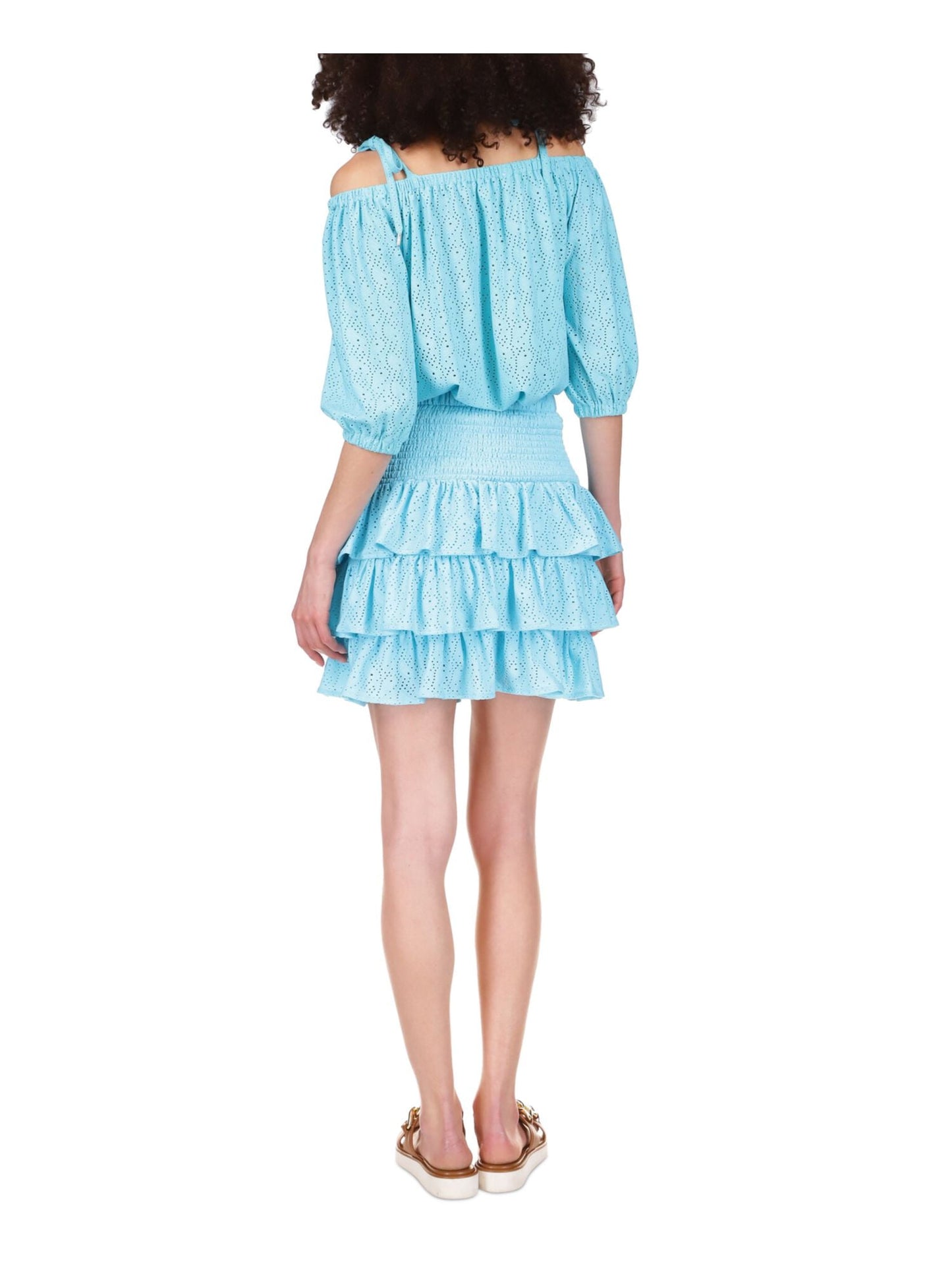 Michael Kors Women's Eyelet Smocked Tiered Lined Ruffled Pull On A Line Skirt Blue Size Large