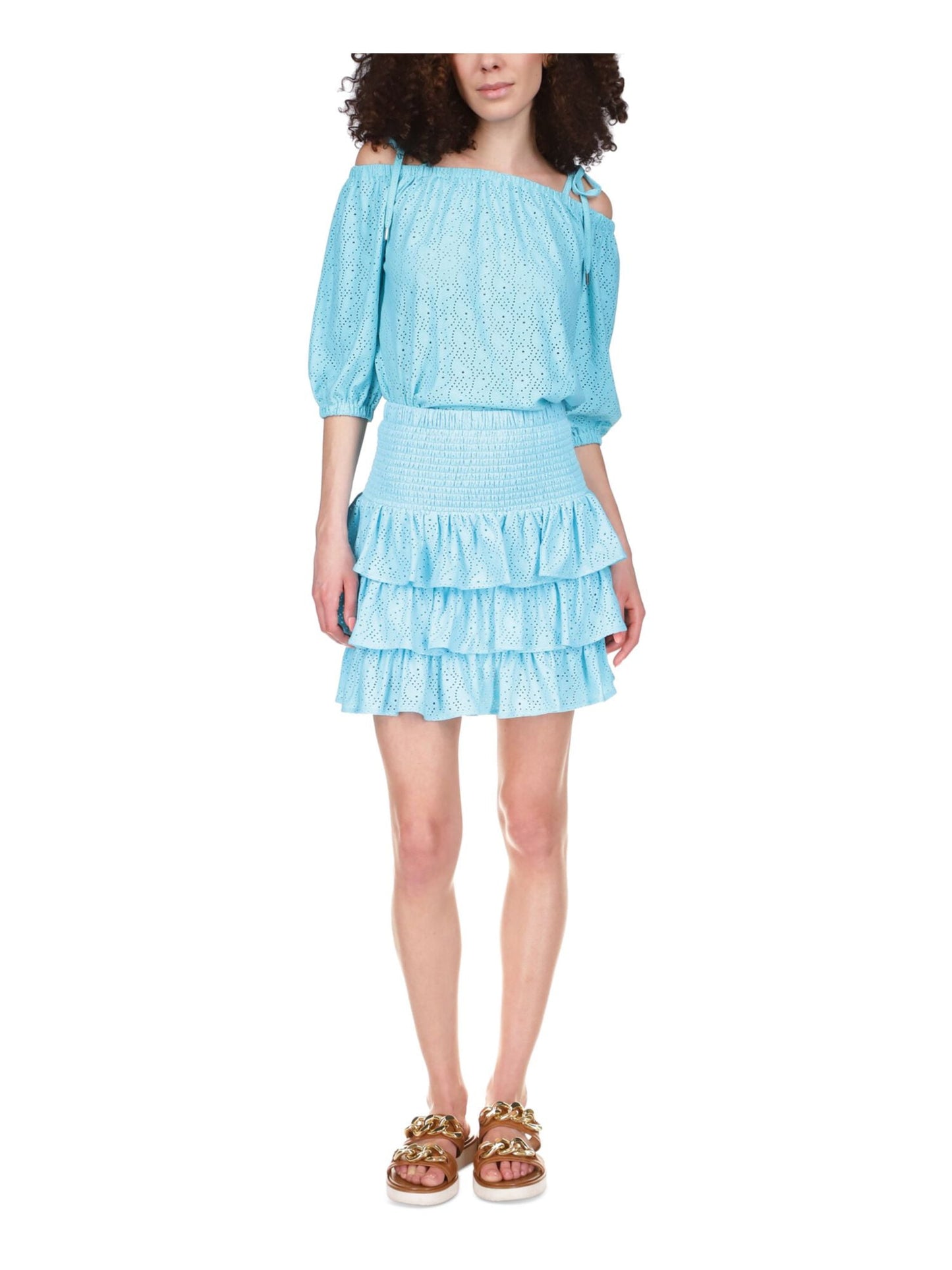 Michael Kors Women's Eyelet Smocked Tiered Lined Ruffled Pull On A Line Skirt Blue Size Large
