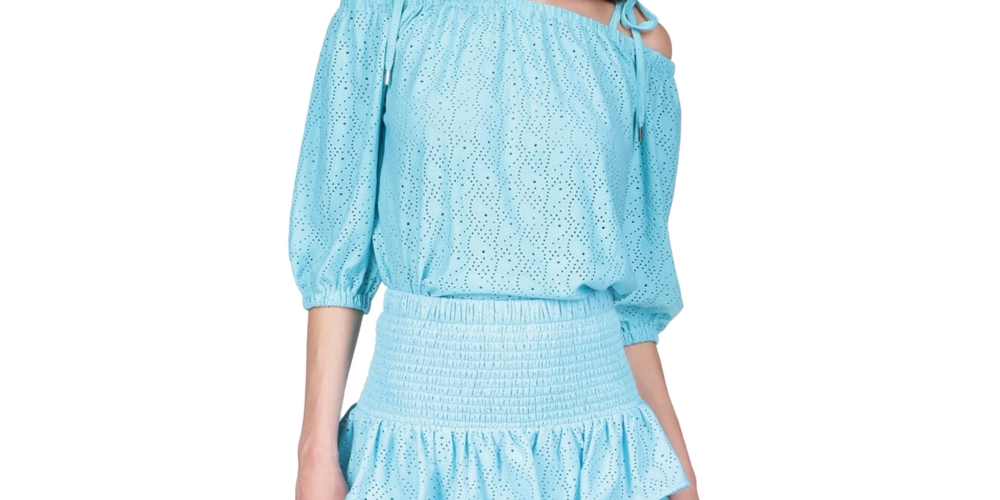 Michael Kors Women's Eyelet Smocked Tiered Lined Ruffled Pull On A Line Skirt Blue Size Large