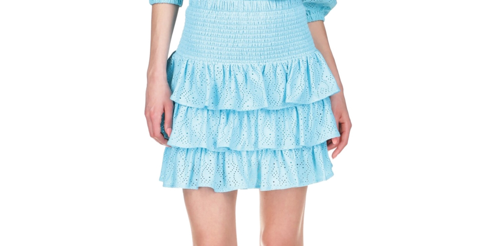 Michael Kors Women's Eyelet Smocked Tiered Lined Ruffled Pull On A Line Skirt Blue Size Large