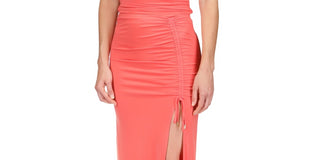 Michael Kors Women's Coral Ruched Tie Pull on Thigh High Slit Unlined Midi Pencil Skirt Red Size Small